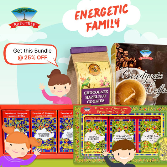 Raintree Energetic Family Bundle | Luxury Coffee, Premium Tea, Cordyceps Coffee, Chocolate Hazelnut Cookies | Halal Certified